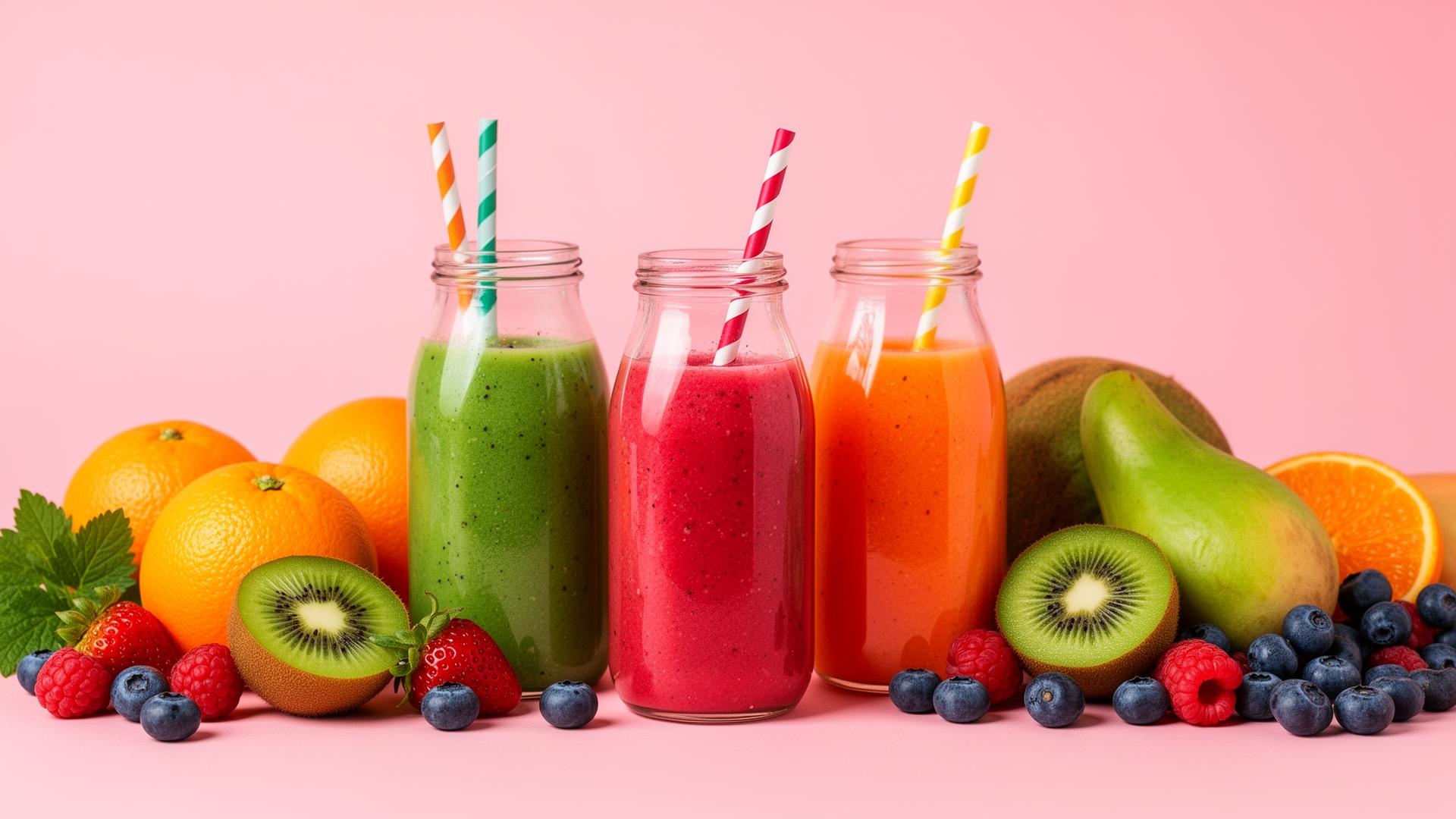Kleurrijke smoothies en juices met vers fruit